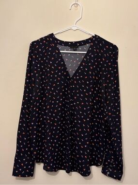 Ann Taylor Navy Floral V-Neck Blouse
